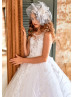 Beaded White Lace Tulle V Back Romantic Flower Girl Dress